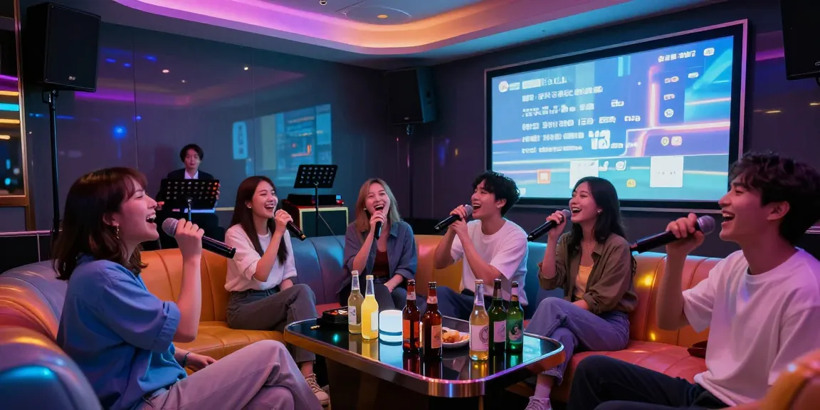 강남가라오케에서 친구들이 즐겁게 노래하는 모습과 화려한 조명