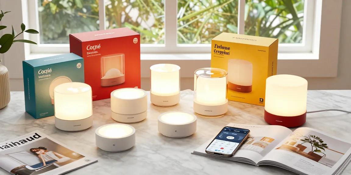Lustre led lighting products showcased in a flat-lay arrangement for online shopping and product reviews.