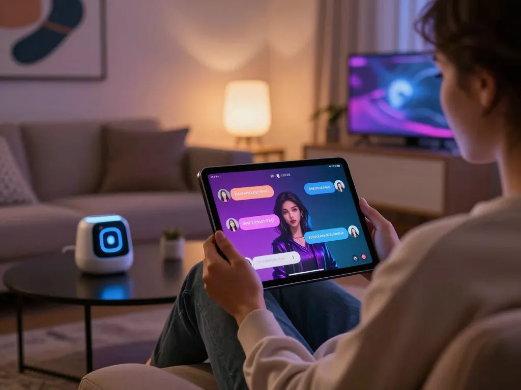 Immersive NSFW chat bot interaction in a modern digital lounge setting.