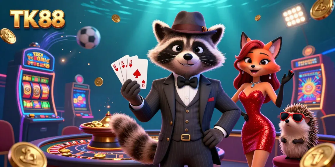 Experience thrilling gameplay with TK 88, featuring a raccoon and fox in a vibrant casino scene.