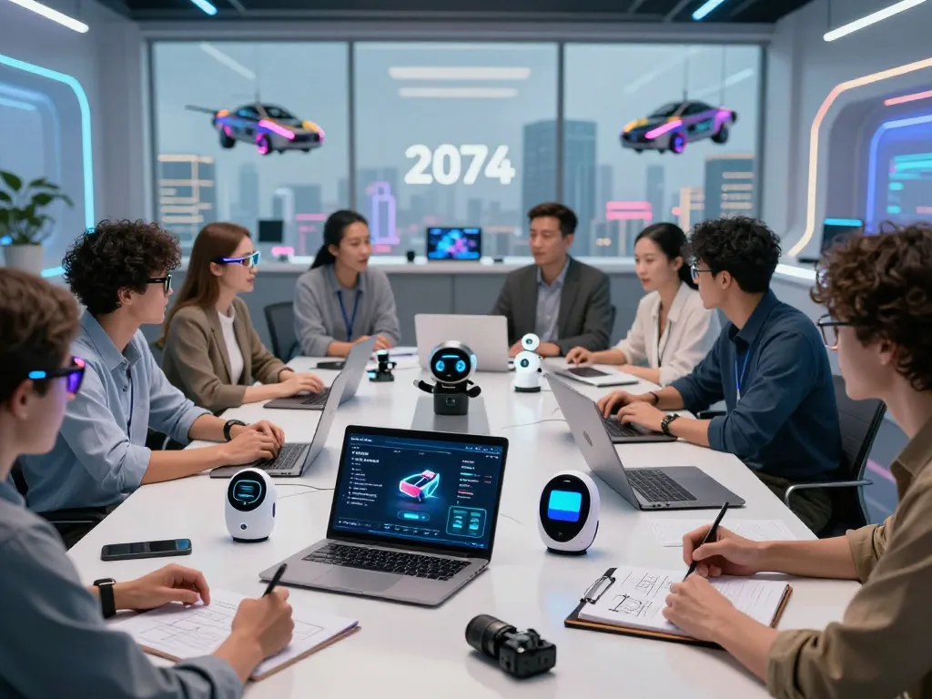 Exploring top 10 tech gadgets 2074 in a modern office with innovative technology and collaboration among tech enthusiasts.