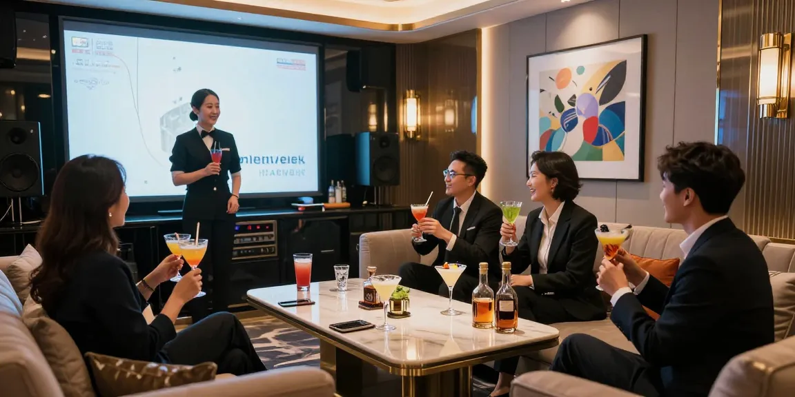 강남쩜오에서 고급스러운 인테리어와 즐거운 분위기로 한 무리의 전문가들이 기념일을 축하하는 모습