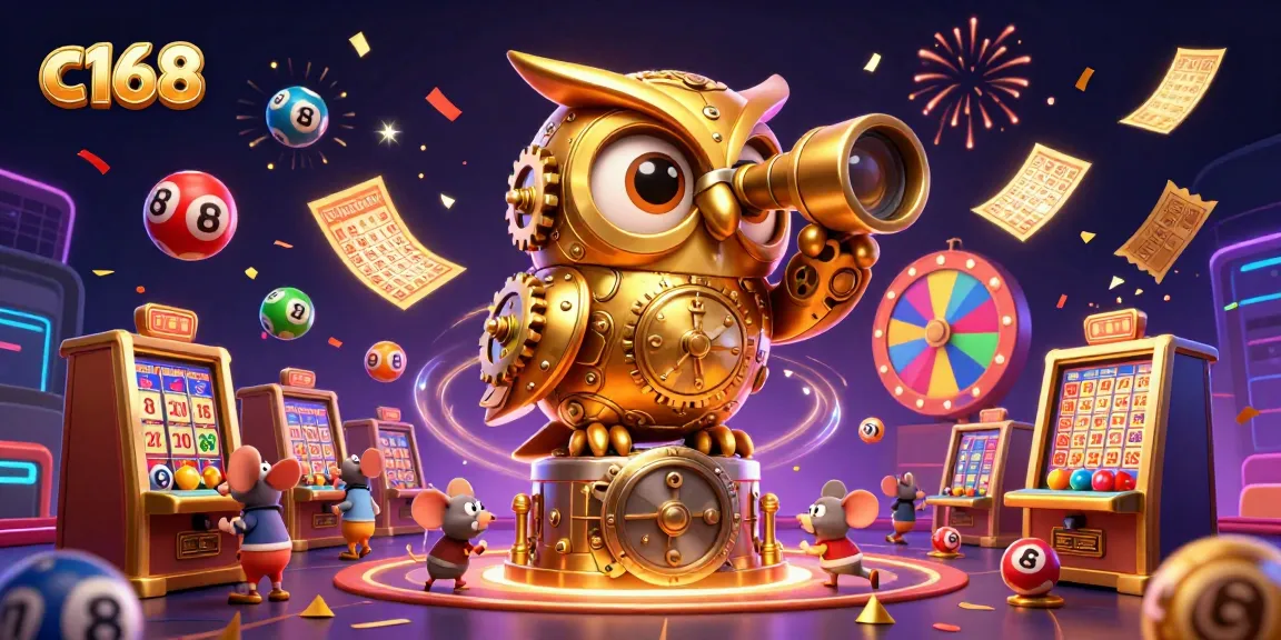 Join c168's exciting casino floor with a golden owl watching over animated lottery games.