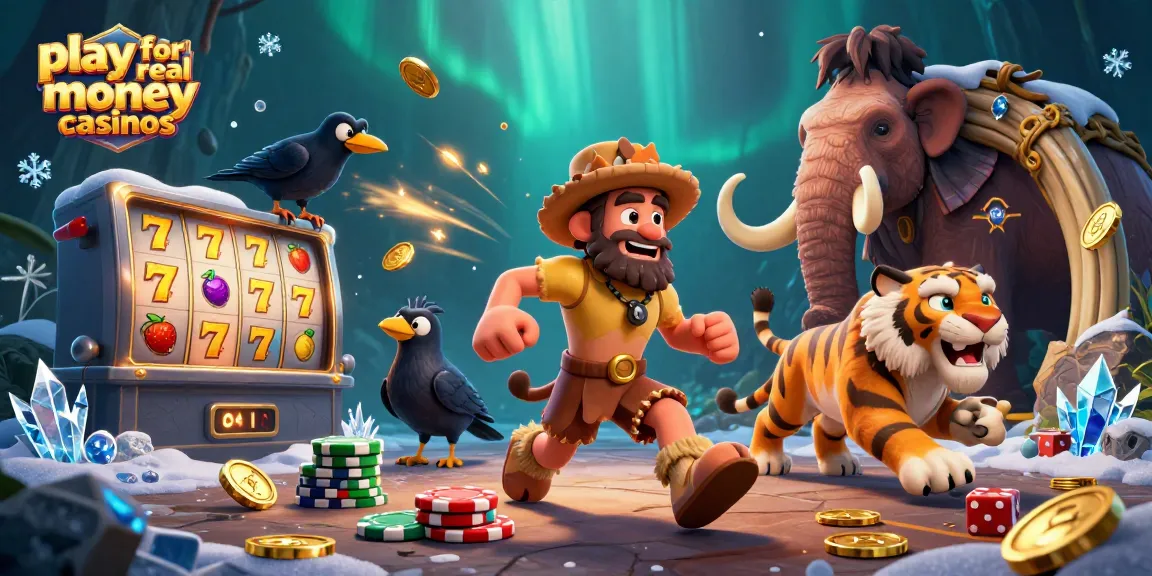 Play for real money casinos at vibrant prehistoric casino with caveman and sabertooth tiger.