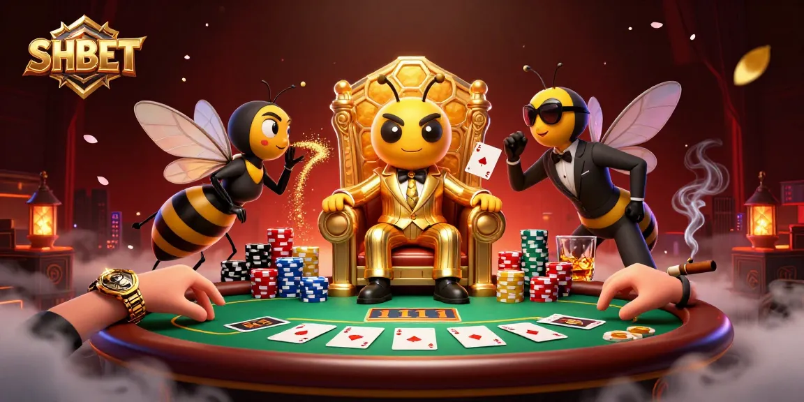 SHBET's vibrant 3D illustration showing a bumblebee mob boss and dynamic poker elements for a captivating casino scene.