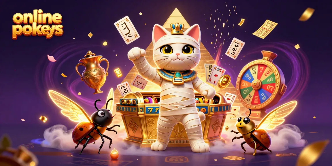 Experience the excitement of online pokies with a thrilling scene featuring a mummy cat and golden elements bursting out of a sarcophagus.